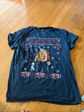 H&M Black Graphic Freddy Krueger Holiday Tee with Red and Green Accents